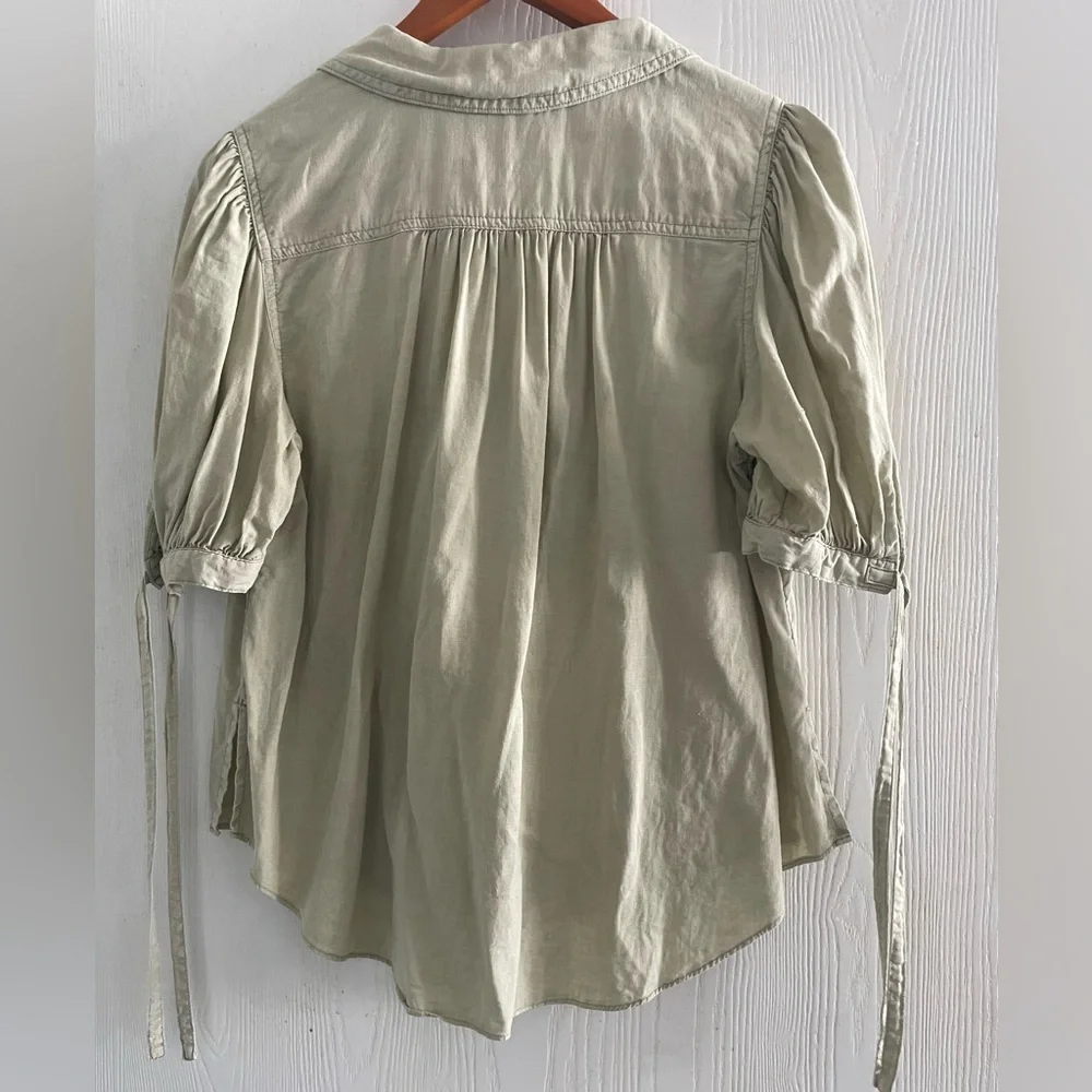 Free People Olive Green Utility Puff Sleeve Button Front Blouse